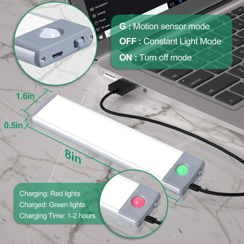 [Australia - AusPower] - Led Under Cabinet Lighting Motion Sensor Under Counter Light with 1000mah Rechargeable Battery, 30 LEDs Wireless Cabinet Lighting for Kitchen, Drawer, Warm White 2Pack 8inch-30LED 