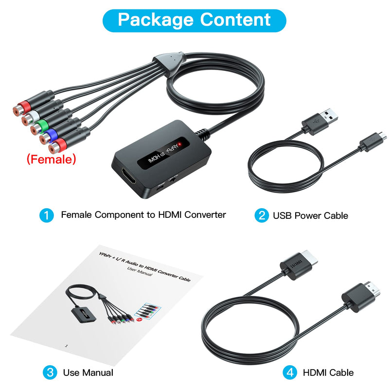 [Australia - AusPower] - Female Component to HDMI Converter Cable with HDMI and Component Cables for PS2/ NGC/ Wii/ Xbox with Male Component, 1080P RGB YPbPr to HDMI Converter, Component in HDMI Out Adapter… Female Component to HDMI 