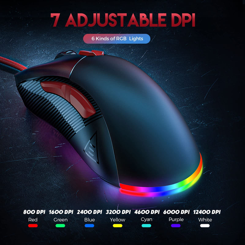 [Australia - AusPower] - EKSA Gaming Mouse, 16000 DPI Optical Sensor, 8 Programmable Buttons, RGB Wired Gaming Mouse, FPS / MOBA Lightweight Mouse Gaming for Windows PC/Mac Computer (Black) Black 