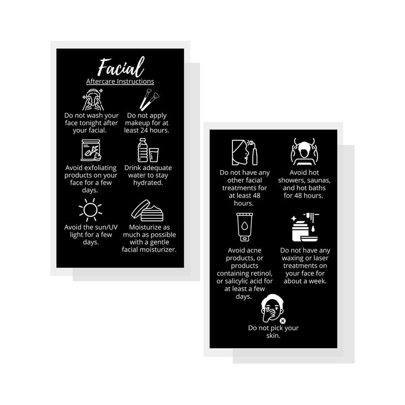 [Australia - AusPower] - Facial Aftercare Cards | 50 Pack | Size 2 x 3.5” inches Business Card Size | Facial PMU | Aftercare Instructions Black with Icons Design 