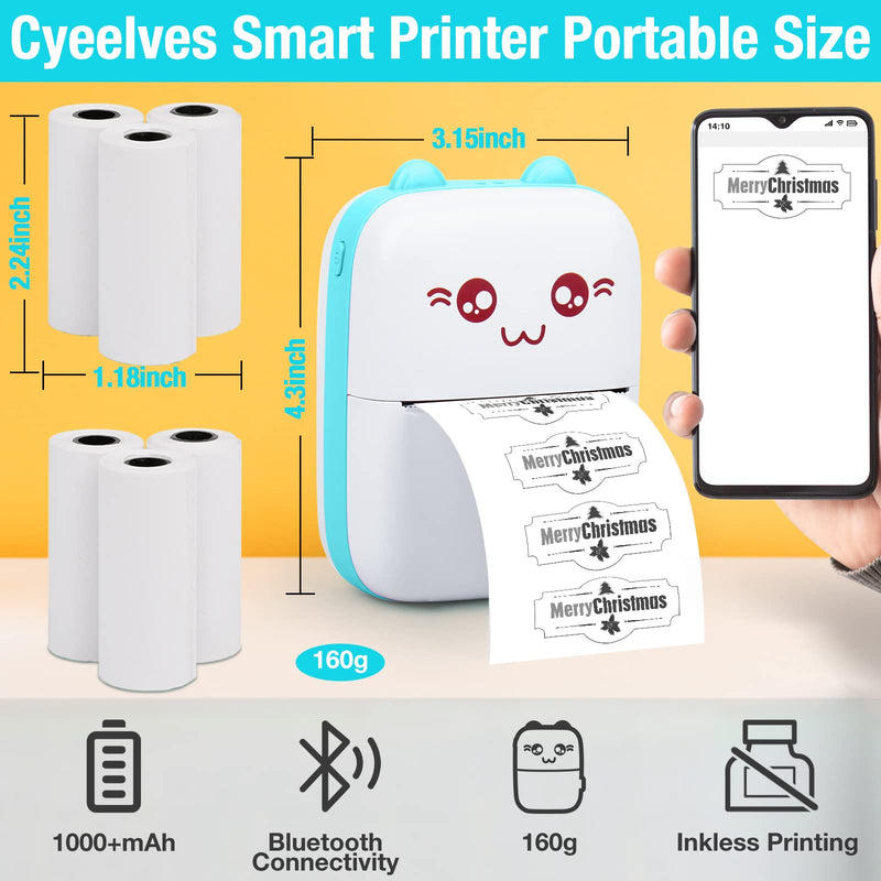 [Australia - AusPower] - Mini Printer Portable, Pocket Thermal Printer with 6 Rolls Paper Compatible with iOS Android, Bluetooth Wireless Smart Printer for Photo Picture Office Receipt QR Code Label List Note Inkless Printing Blue 