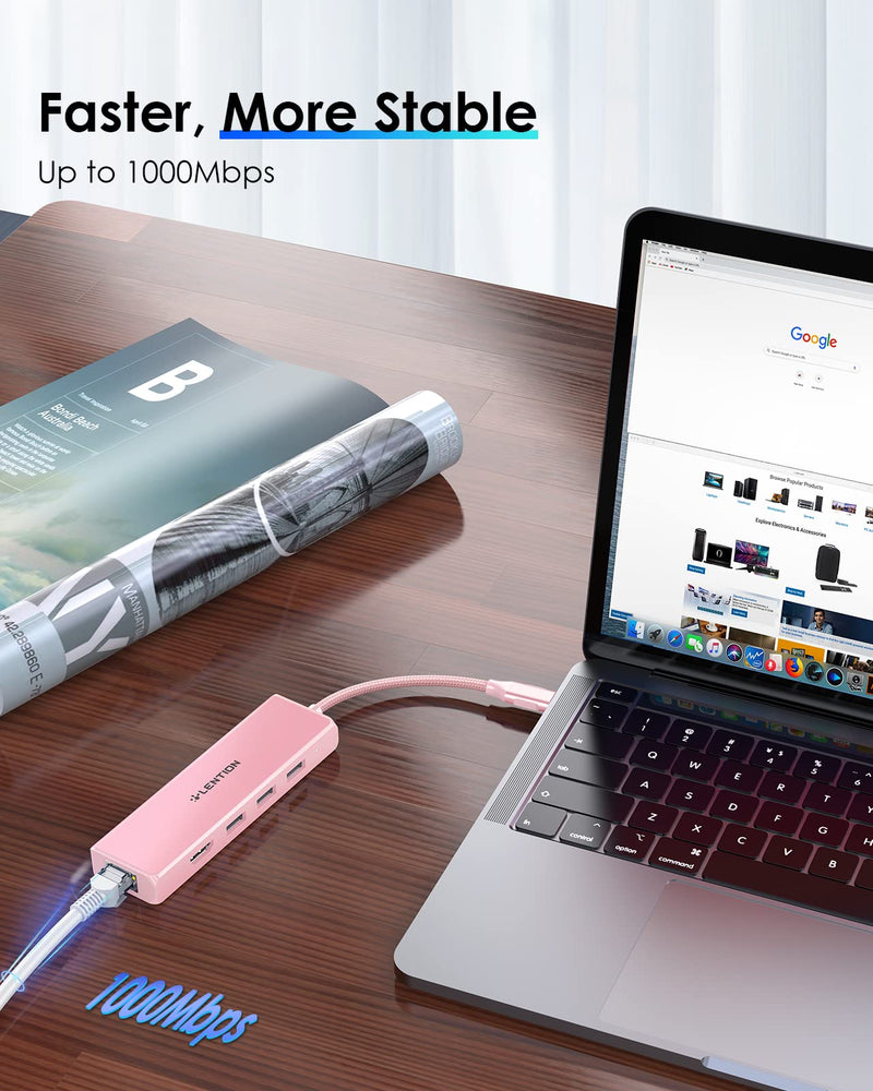 [Australia - AusPower] - LENTION USB C Hub with Gigabit Ethernet Adapter, 4K HDMI, 3 USB 3.0 Dongle for 2022-2016 MacBook Pro 13/14/15/16, New Mac Air & Surface, Chromebook, More, Stable Driver Certified (CB-C25, Rose Gold) 