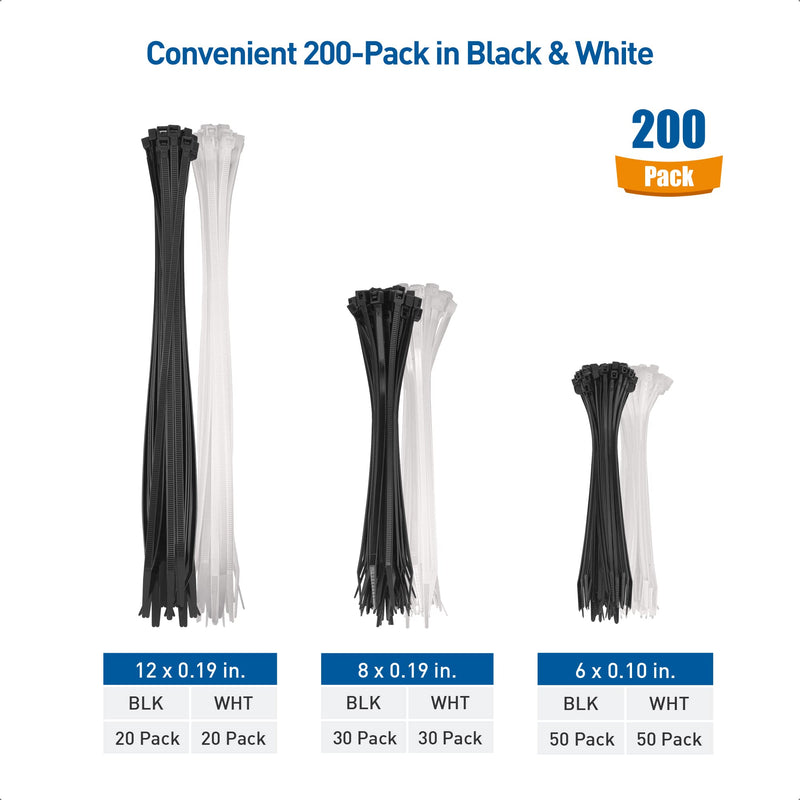 [Australia - AusPower] - Cable Matters 200-Pack Indoor and Outdoor 6, 8,12-Inch Self-Locking Nylon Zip Ties Assorted Sizes (Tie Wraps, Cable Ties, Zipties) in Black and White 