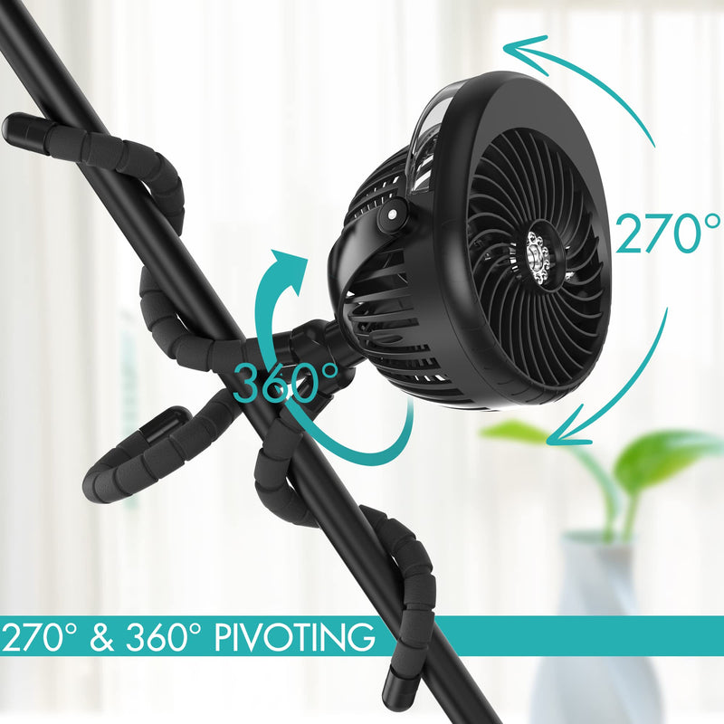 [Australia - AusPower] - Misting Stroller Fan, 2500mAh Battery Powered Personal Desk Air Circulator Fan with Flexible Tripod, Ultra Quiet 3 Speed 270° & 360° Rotatable USB Fan for Stroller Office Camping Hurricane Outage,Black Black 
