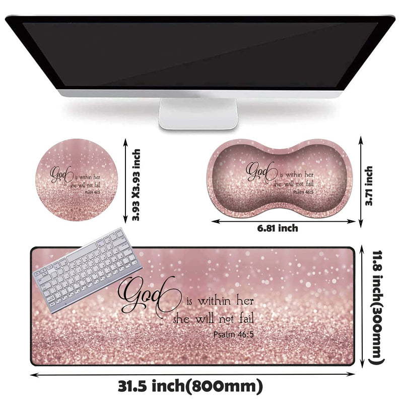 [Australia - AusPower] - XMTMR-Glass Extended Gaming Mouse Pad with Seam, Long XL Desktop Keyboard Pad, Suitable for Work/Game/Office/Home, Butterfly Wrist Rest Pad and Coaster, Pink Glitter Quotes Psalm 46:5 Xg-g4-bc 001 