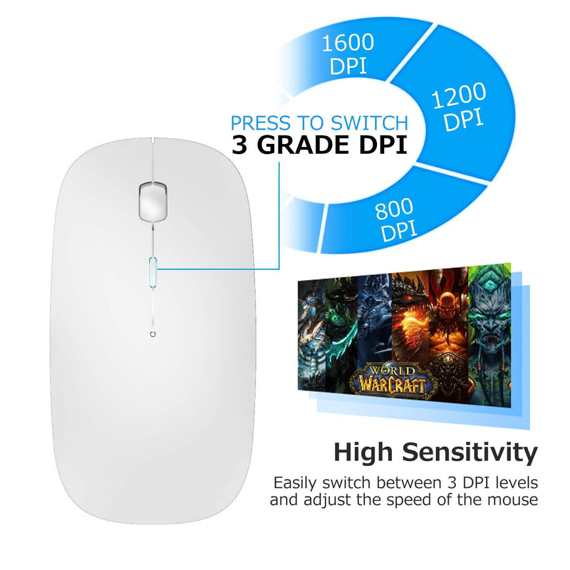 [Australia - AusPower] - 2.4GHz Wireless Bluetooth Mouse, Dual Mode Slim Rechargeable Wireless Mouse Silent USB Mice, 3 Adjustable DPI,Compatible for Laptop Windows Mac Android MAC PC Computer (White) 