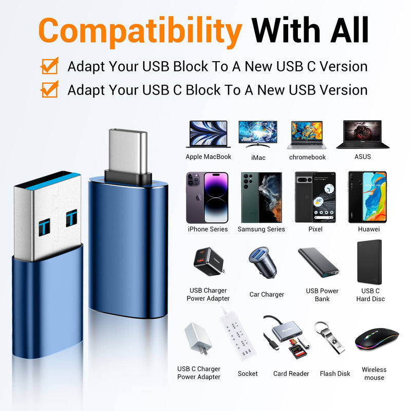 [Australia - AusPower] - [4 Pack]USB C to USB Adapter,【2*USB-C to USB-A】&【2*USB-A to USB-C】Female Adapter SuperSpeed Data Transfer & Fast Charging - Compatible with Laptop, PC, Charger, Power Bank, usb to usb c adapter - Blue 4 Pack 