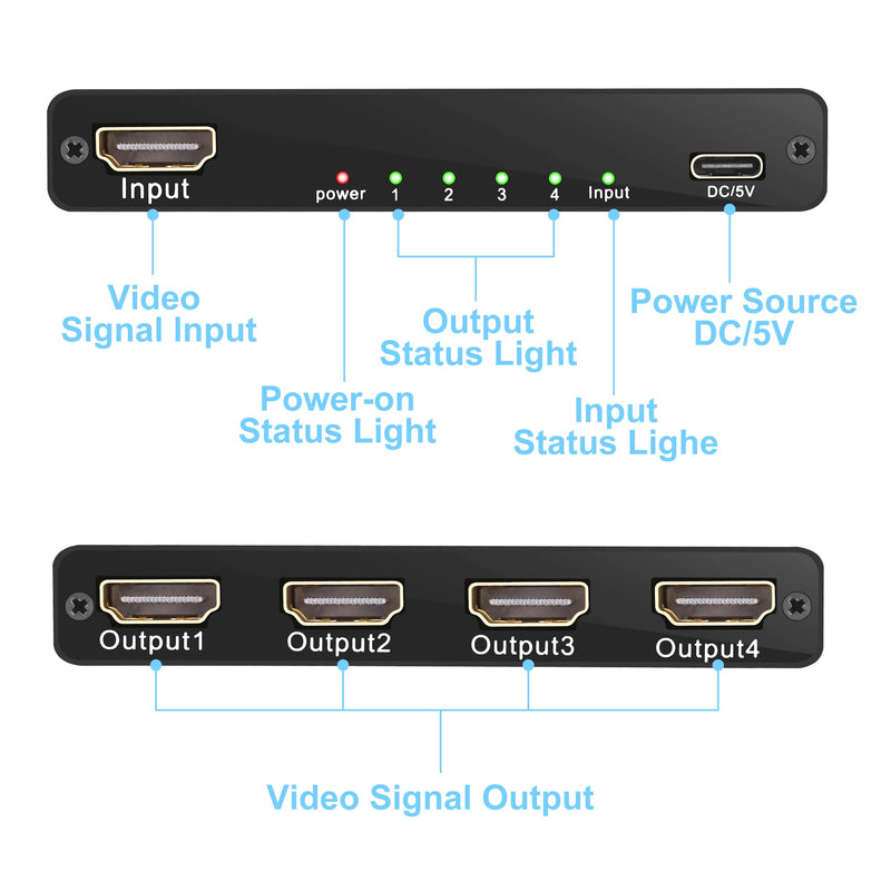[Australia - AusPower] - HDMI Splitter with HD HDMI Cable, 4K HDMI Splitter 1 in 4 Out for Full HD 4K@30HZ 1080P 3D Splitter (1 HDMI Source to 4 HDMI Displays) 1x4 