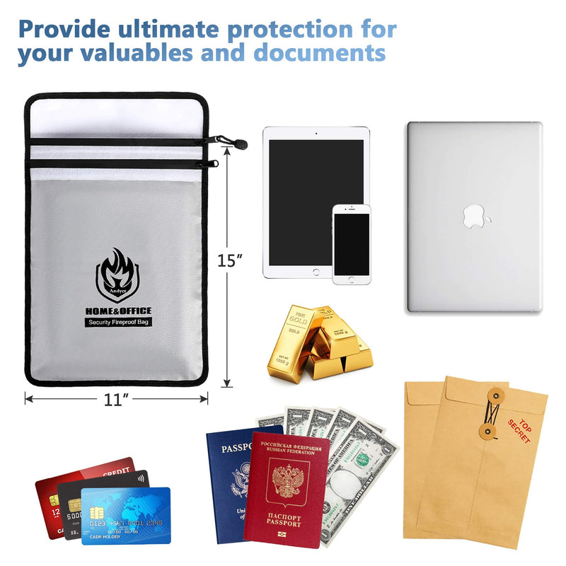[Australia - AusPower] - Upgraded Two Pockets Fireproof Document Bag (2000℉), andyer 15”x 11”Waterproof and Fireproof Money Bag with Zipper, Fire Safe Storage for Valuables,Money,Jewelry,Legal Documents,File and Tablet Grey 