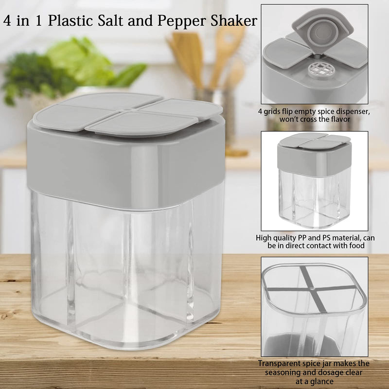 [Australia - AusPower] - 4 Pack 4 in 1 Plastic Salt and Pepper Shaker, Transparent Spice Dispenser 4 Compartment Seasoning Jar, Travel Spice Containers with Lids, Empty Spice Dispensers for Cooking BBQ(with 1 Sheet Label) 