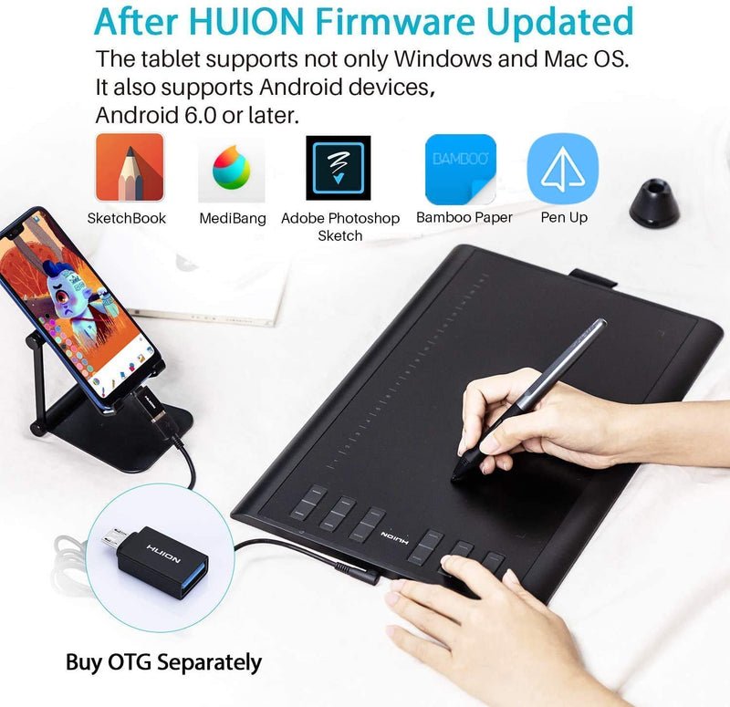 [Australia - AusPower] - Huion Inspiroy H1060P Graphics Drawing Tablet with Digital Pen PW100 and Skeleton Glove, OTG Adapters Included 