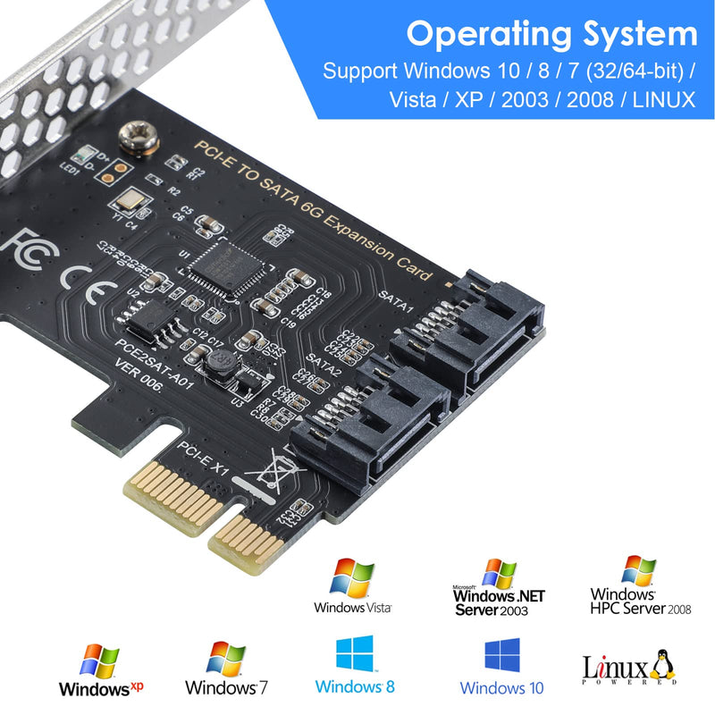 [Australia - AusPower] - BEYIMEI PCIe SATA Card 2 Ports, PCI-E to SATA Expansion Card,6Gbps PCI-E (2X 4X 8X 16X) SATA 3.0 Controller Card for Windows10/8/7/XP/Vista/Linux,Support SSD and HDD 2SATA 