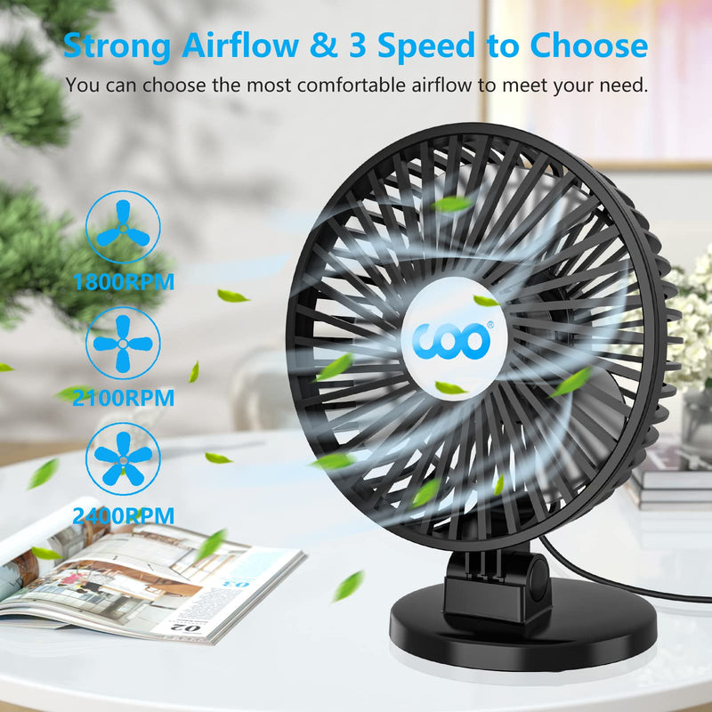 [Australia - AusPower] - COO Small USB Desk Fan - 3 Speeds Powerful Airflow Fan, Small Mini Portable Fan for Home Office Bedroom Table & Desktop, Small Quiet Electric Fan 5 INCH - Black 