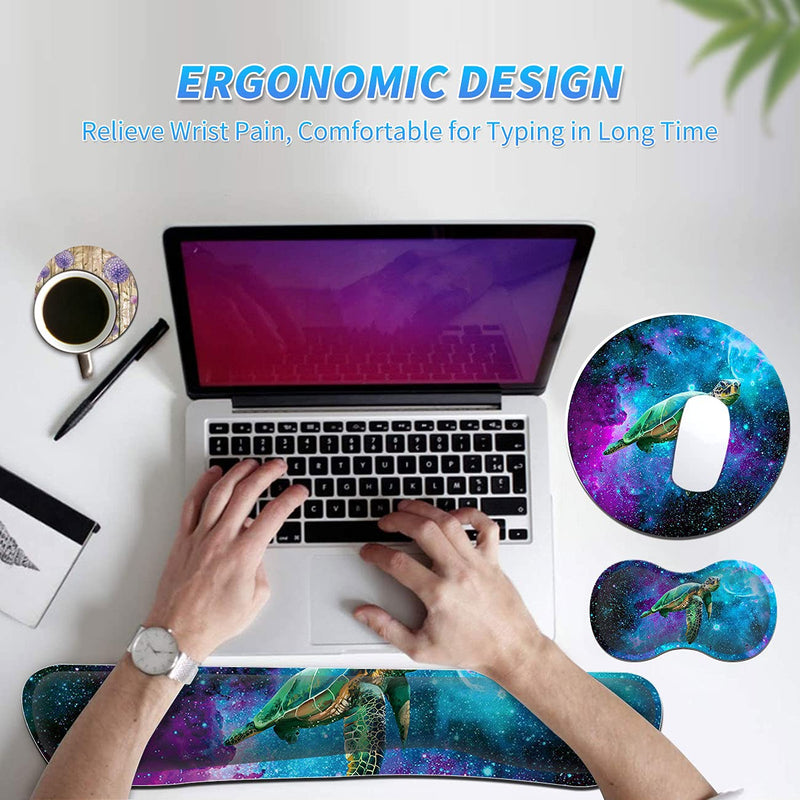 [Australia - AusPower] - Keyboard Wrist Rest & Mouse Pad & Mouse Wrist Rest Support & Coaster, Non Slip Rubber Base Wrist Support with Ergonomic Raised Memory Foam for Computer Laptop Home Office, Turtle Galaxy 
