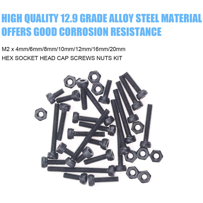 [Australia - AusPower] - DYWISHKEY 420 Pieces M2 x 4mm/6mm/8mm/10mm/12mm/16mm/20mm, 12.9 Grade Alloy Steel Hex Socket Head Cap Bolts Screws Nuts Kit with Hex Wrench 