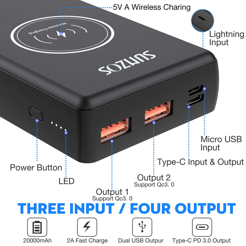 [Australia - AusPower] - Wireless Portable Charger,SUNZOS 20000mAh PD 3.0 Power Bank 18W QC 3.0 External Battery Pack with 3 Input Port and 4 Outputs, High-Capacity External Charger Battery for iPhone, Samsung, iPad, and More 