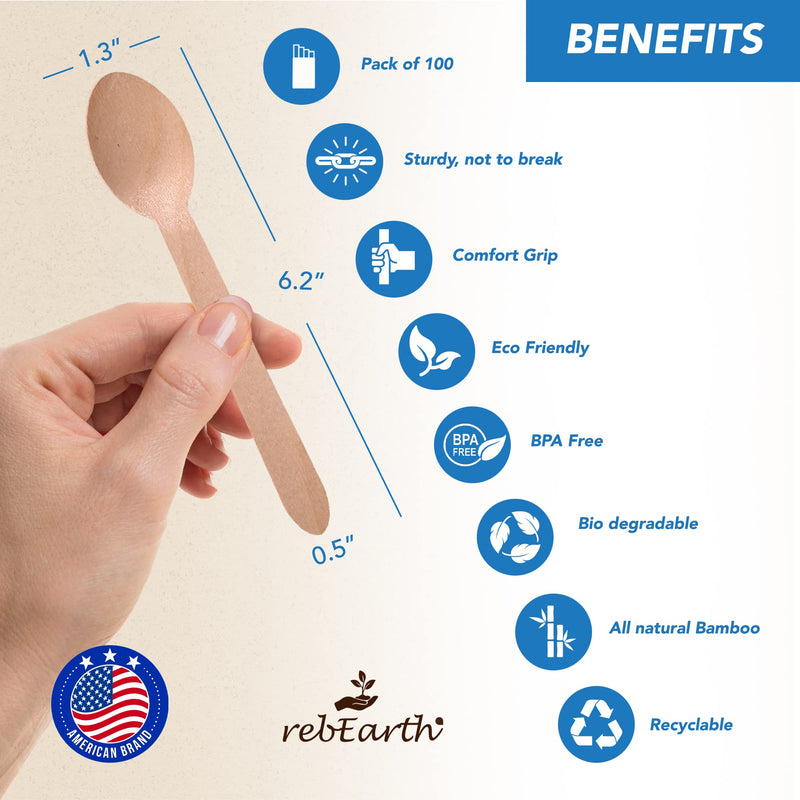 [Australia - AusPower] - rebEarth All Natural Bamboo Heavyweight Spoons|100 Count|Eco Friendly|Durable|Heat Resistant|Great Alternative to Plastic|Spoons6.3" 