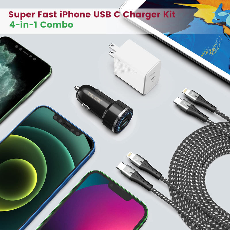 [Australia - AusPower] - iPhone 13 12 Fast Charger Kit, VELOGK 20W USB C PD Wall/Car Charger Adapter for iPhone 13/12/Pro/Max/Mini/11/Xs Max/XR/X, iPad Pro/Air/Mini, with 2X【Apple MFi Certified】iPhone Lightning Cables(6.6ft) 6.6ft 