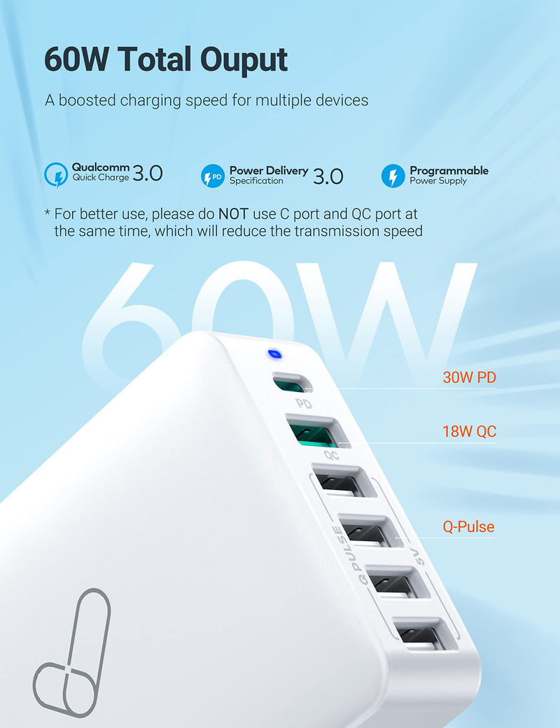 [Australia - AusPower] - 60W USB Charging Station, TOPVORK USB Charging Hub with 30W PD Charger Block & 5-Port Fast Charger Block, USB C Wall Charger Block Compatible with MacBook Air iPad iPhone 13 12 Pro Max Samsung S21 white 