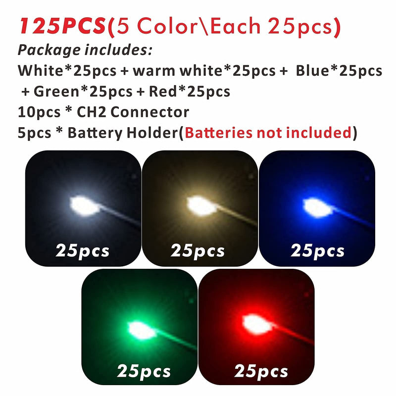 [Australia - AusPower] - ZZHOB 125pcs Pre-Wired Micro LED Pre-soldered 0402 SMD LEDs(No Need Resistor) + Battery Holder & Connector for Beginner Model Building (5 Colors Mix, 125pcs(Each 25pcs)) 5 Colors Mix 125pcs(each 25pcs) 