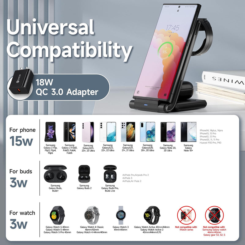 [Australia - AusPower] - Wireless Charging Station for Samsung,MANKIW Foldable 3 in 1 Fast Charger Station for Galaxy S23 S22 S20 Ultra Z Flip Fold 5/4/3Galaxy Watch 5/4/3Buds 