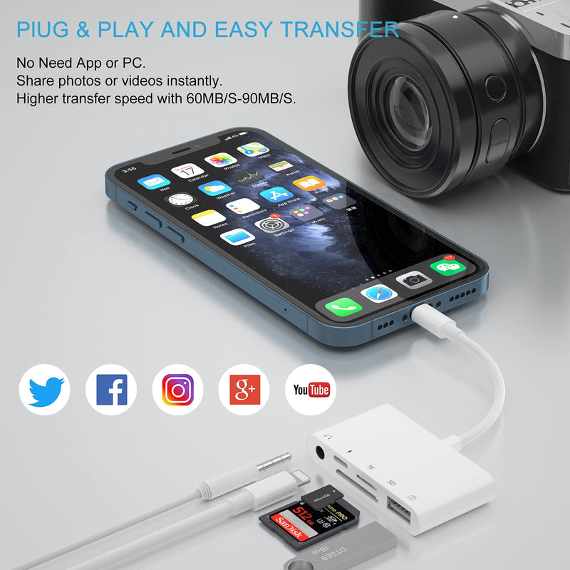 [Australia - AusPower] - SD Card Reader for iPhone, 5 in 1 USB OTG Camera Connection Kit with Camera Memory Reader and 3.5mm Headphone Jack, SD & TF Dual Card Slot for iPhone 13/12/12 Pro/11/11 Pro/X/8, Support iOS 9.2-15 