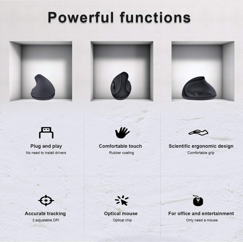 [Australia - AusPower] - Ergonomic Wireless Mouse, Wireless Vertical Mouse 2.4GHz Optical Mice with Adjustable DPI 800/1200/1600 for Small Hands,Black Black 