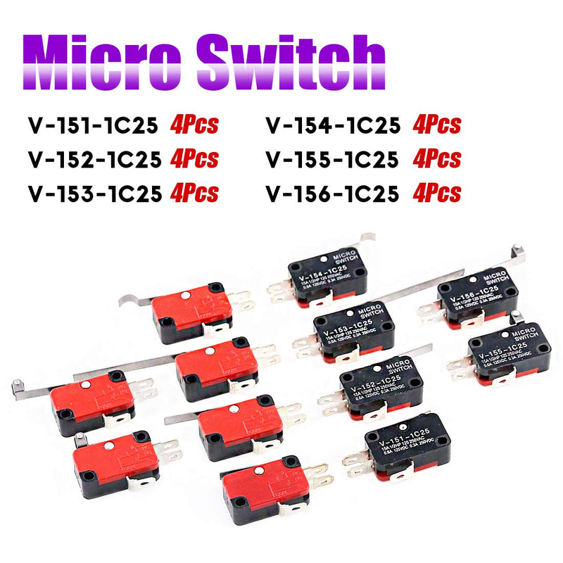 [Australia - AusPower] - Swpeet 24Pcs Micro Limit Switch Assorment Kit, Long Hinge Roller Momentary Cherry Push Button SPDT Snap Action Perfect for Arduino, Appliance and Electronic Equipment - V-151/152/153/154/155/156-1C25 