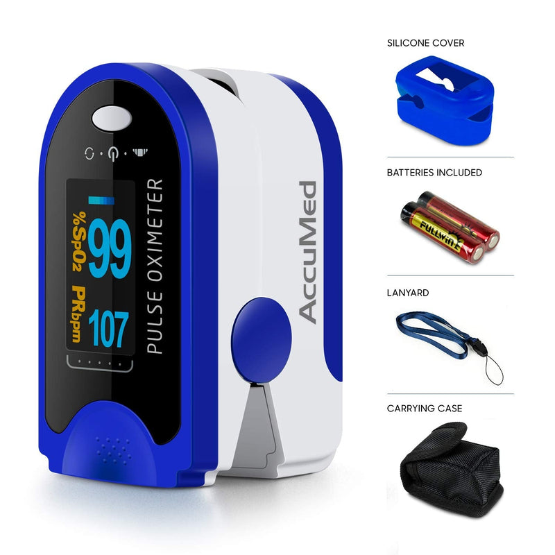 [Australia - AusPower] - AccuMed Fingertip Pulse Oximeter, Sp02 Finger Blood Pulse Oxygen Monitor, w/Carrying case, Lanyard Silicon Case & Battery CMS-50D (Blue) 