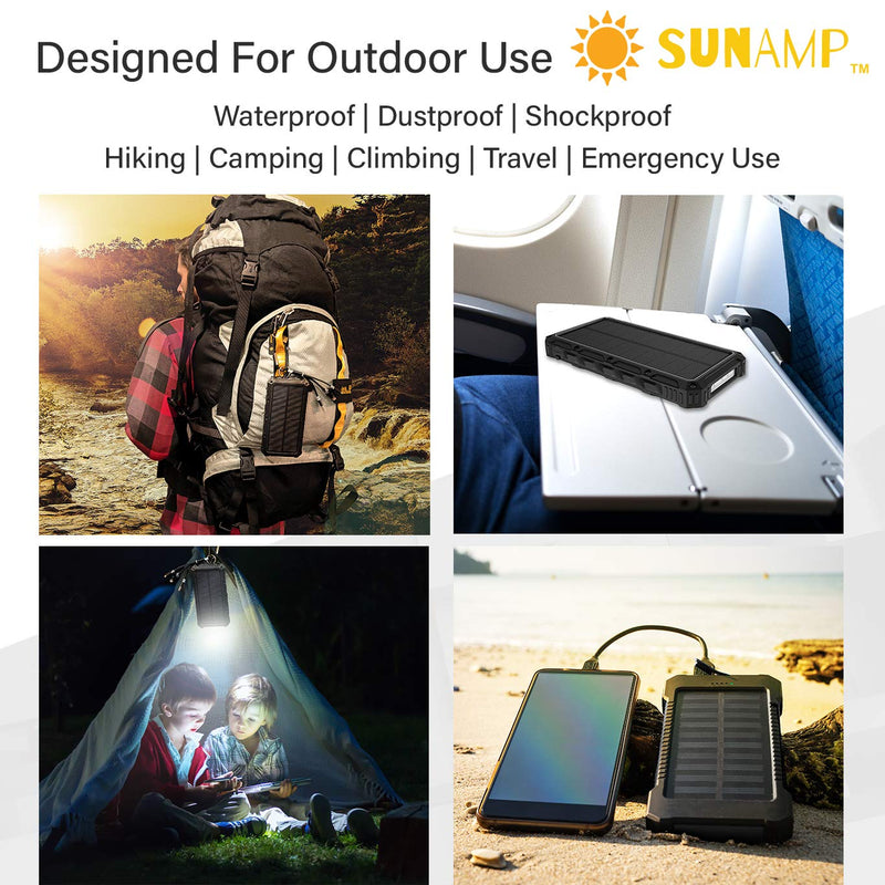 [Australia - AusPower] - New Qi Wireless Solar Power Bank | Solar Charger with USB Type C Quick Charge | 20,000mAh | LED Flashlight | IP54 Rainproof Shockproof Dustproof for Travel and Outdoors | 4 Ports (Black) from SunAmp Black 