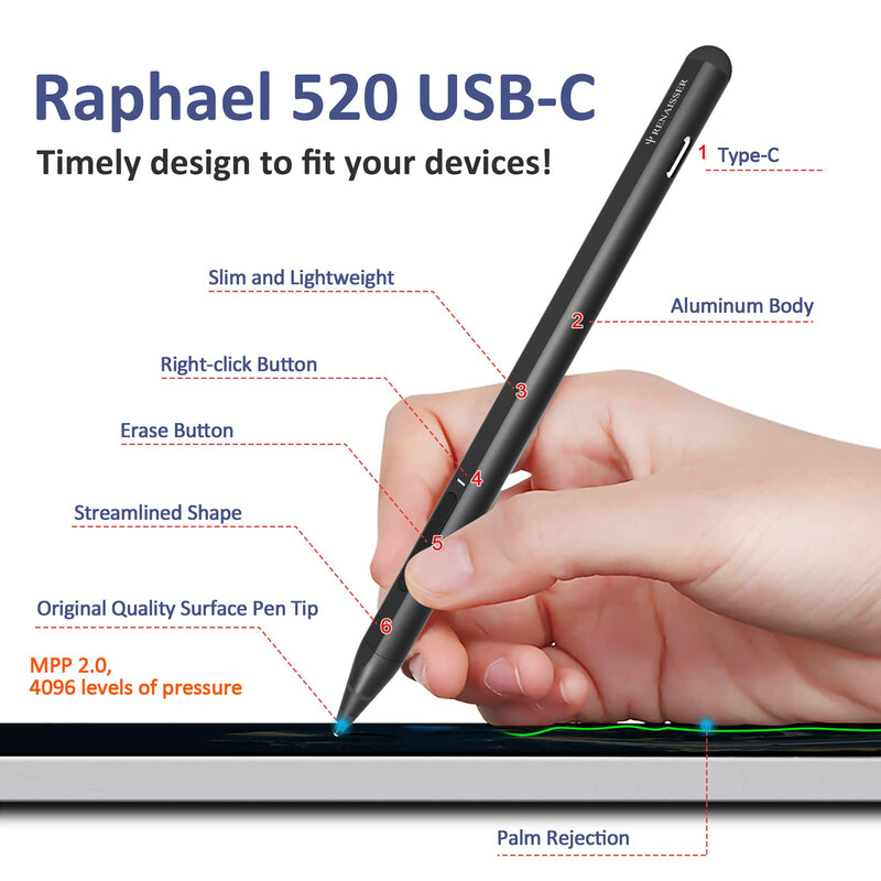 [Australia - AusPower] - Renaisser Raphael R520 BK USB-C (Type C) Stylus (Black), Made in Taiwan, for Microsoft Surface, Palm Rejection, 4096 Pressure Levels, Rechargeable, Magnetic Attachment Works on Surface Pro X/7/6/5 Black 