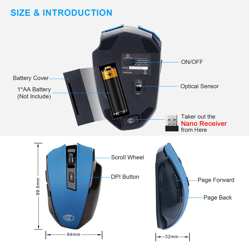 [Australia - AusPower] - Wireless Mouse, E-YOOSO Computer Mouse 5 Adjustable DPI 6 Buttons Cordless Mouse Wireless Optical Mice with USB Nano Receiver, 2.4G Portable USB Mouse for Laptop/Windows/Office PC/Mac(Blue) 
