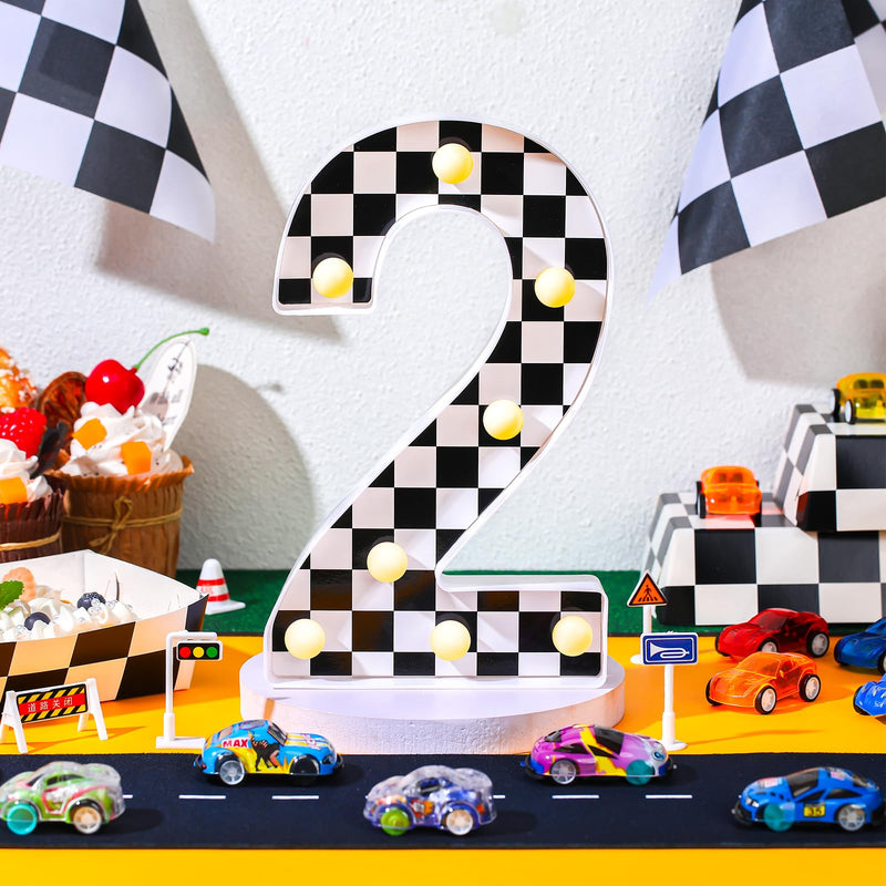 [Australia - AusPower] - Maxcheck Racing Car Light up Numbers Black and White Checkerboard Print Decorative LED Light Number Sign Race Car Theme Birthday Party Decorations Checkered Flag Party Supplies(Number 2) Number 2 