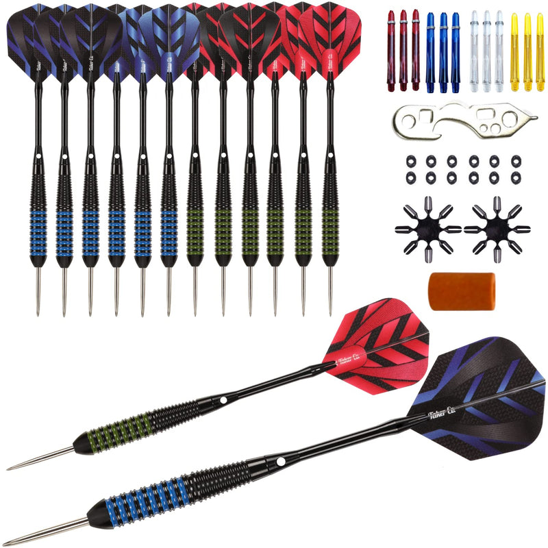 [Australia - AusPower] - Steel Tip Darts Set - Professional 12PC Darts Steel Tip for Dartboard - Includes Steel Brass Barrels + Plastic & Aluminum Shafts + O-Ring's + Flights & Protectors + Sharpener + Wrench 21g-STC10431 
