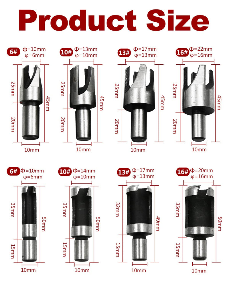[Australia - AusPower] - Rocaris 8pcs Wood Plug Cutter Drill Bit Set Straight and Tapered Taper Cutting Tool Cork Drill Bit Knife 6mm 10mm 13mm 16mm 