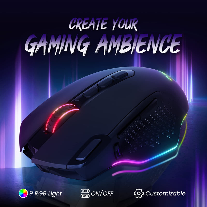 [Australia - AusPower] - CACKBIRD CA282 Wireless Gaming Mouse, 9 RGB Backlit Modes,10000 DPI, 10 Programmable Buttons Fire Button, Type-C Rechargeable Gaming Mouse for PC Gamers Computer Laptop Desktop Chromebook Mac, Black 