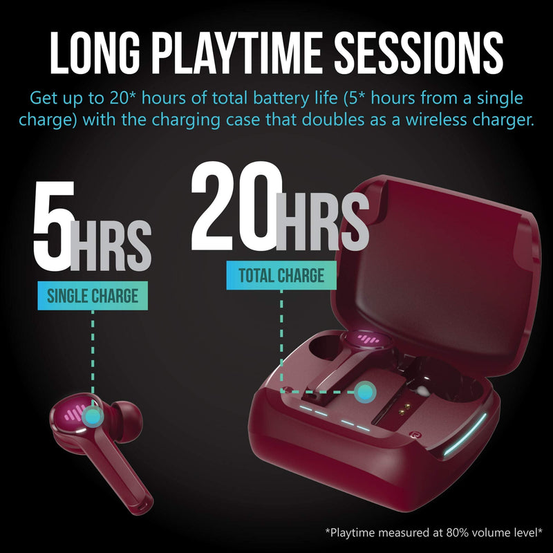 [Australia - AusPower] - iLuv SG100 Gaming Wireless Earbuds, Bluetooth in-Ear with Changing LED Lights Ultra-Low 60ms Latency and Hands-Free Call MEMS Microphone, Includes Compact Charging Case and 4 Ear Tips, Red Crimson Red 