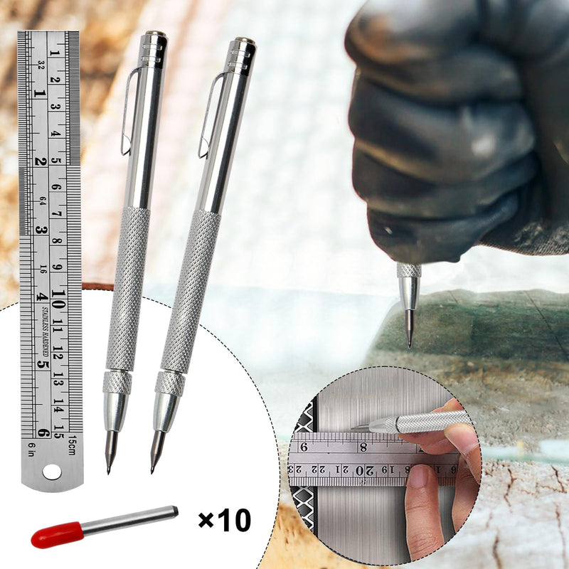 [Australia - AusPower] - Mriuuod 2 Pack Tungsten Carbide Scriber Tool with Magnet, with Extra 10 Replacement Marking Tip And 6-Inch/15cm Stainless Steel Ruler, Etching Engraving Pen for Glass Ceramics Metal Sheet 