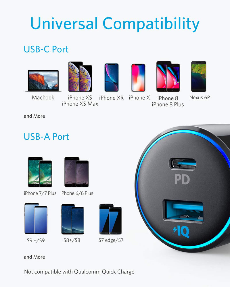 [Australia - AusPower] - USB C Car Charger, Anker 42W PowerDrive Speed+ Duo, 2 Port USB Car Charger with one 30W Power Delivery Port for iPhone Xs/Max/XR/X/8, iPad Pro, MacBook Pro/Air 2018, Galaxy S10/S9/S8, LG, and More 