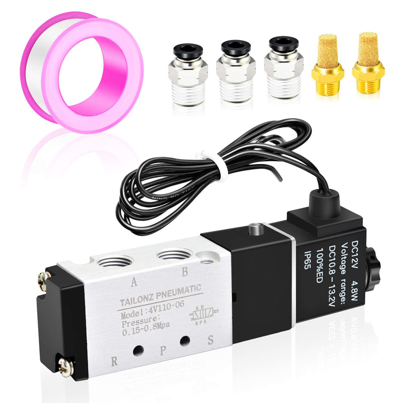[Australia - AusPower] - TAILONZ PNEUMATIC 1/8"NPT Solenoid Valve 4V110-06 12V/24V/110V/220V Single Coil Pilot-Operated Electric 2 Position 5 Way Connection Type DC12V 