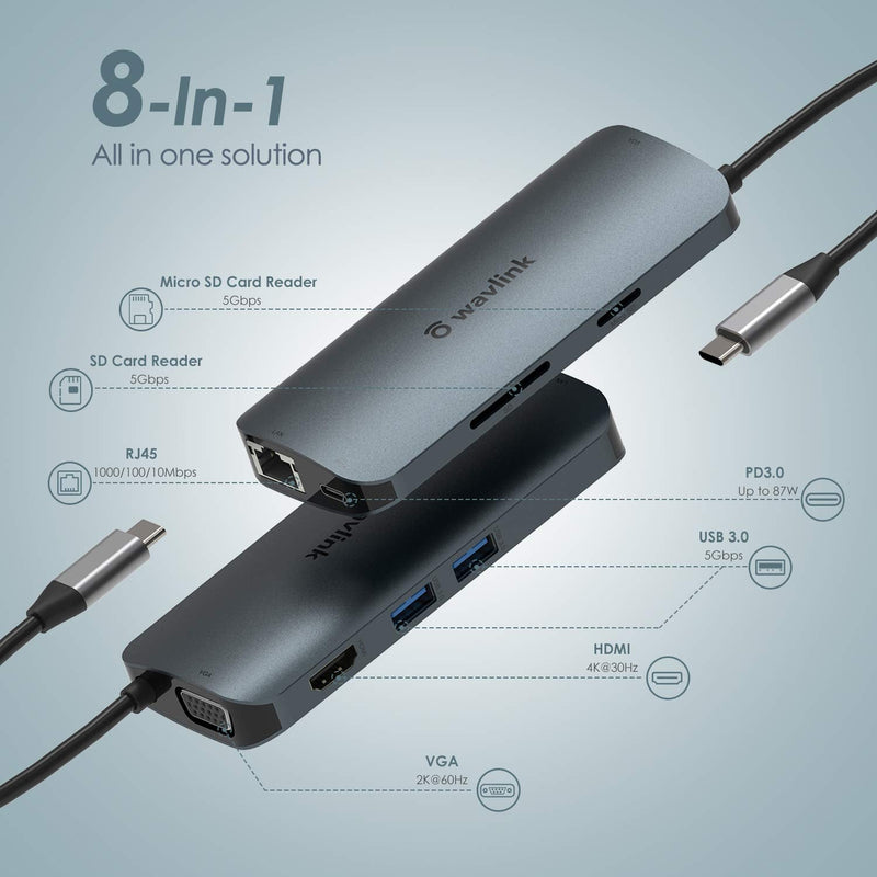 [Australia - AusPower] - USB C Hub Multiport Adapter, WAVLINK 8-in-1 USB C Hub Adapter with 4K@30HZ HDMI, 1080P@60Hz VGA, Gigabit Ethernet, 2 USB 3.0, Card Reader,65W PD3.0 Charging for USB-C Devices USB C to HDMI+VGA +2USB 3.0+PD+LAN 