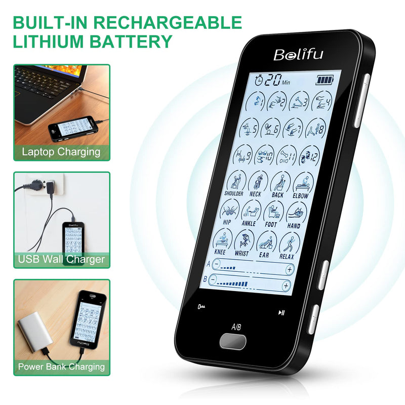 [Australia - AusPower] - Belifu Dual Channel Tens Unit Electro Muscle Stimulator, Fully Isolated with Independent 24 Modes, Rechargeable Pulse Massager with Electrodes Pads for Neck Back Arms Chronic Pain Relief Body Building 