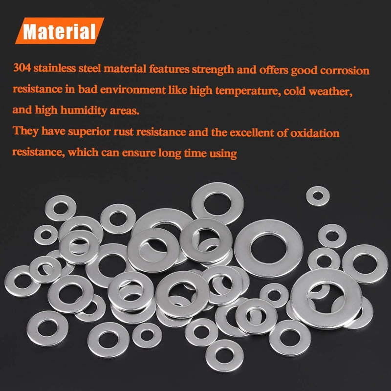 [Australia - AusPower] - HELIFOUNER 270Pieces 8 Sizes Stainless Steel Flat Washers Assortment Kit, 1/2 3/8 5/16 1/4 12# 10# 8# 6# 