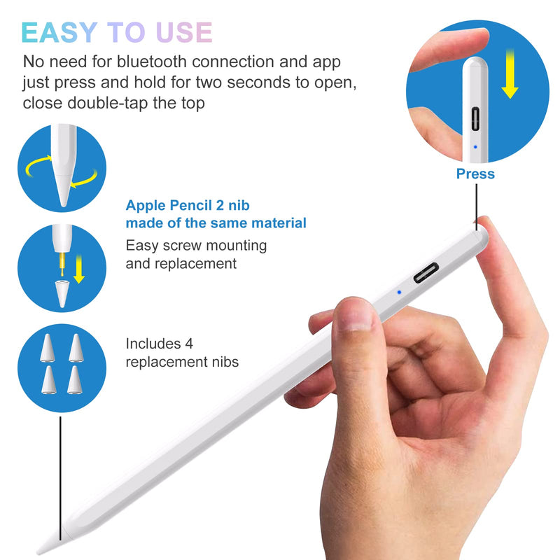 [Australia - AusPower] - Stylus Pen for iPad,Palm Rejection,Tilt Sensitive,Magnetic Active Pencil Compatible with iPad 9/8/7/6th Gen,iPad Air 5/4/3th Gen,iPad Mini 6/5th Gen, (2018-2022) iPad Pro 11/12.9 Inch with 4 Tips White 
