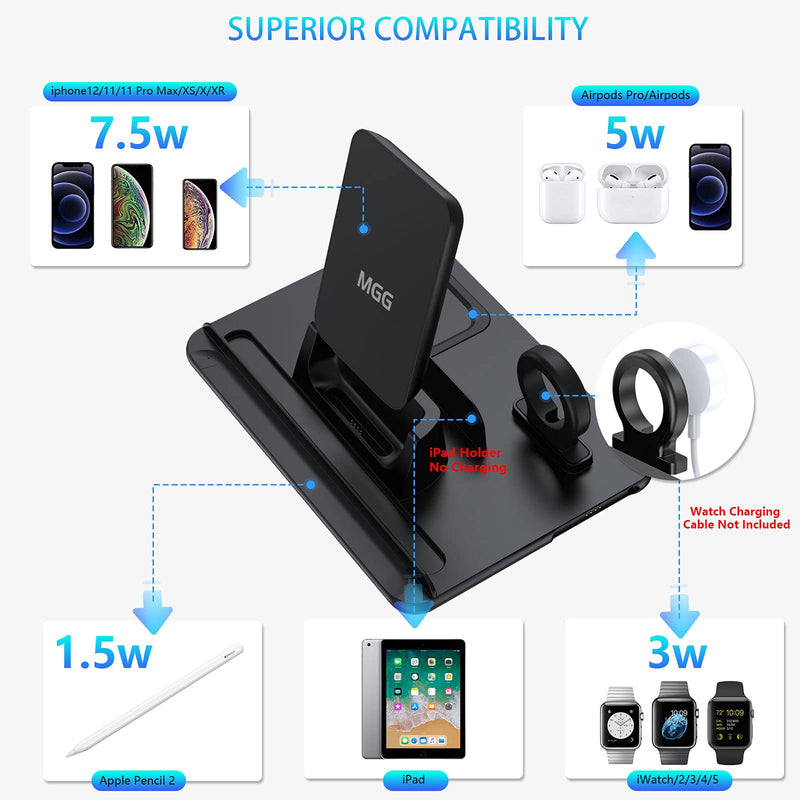 [Australia - AusPower] - Wireless Charging Station, Wireless Charger for Apple, 4 in 1 Wireless Charging Station for iPhone 12/11 Pro Max/X/XS, AirPods 2/Pro, Apple iWatch Series, Apple Pencil 2, with iPad Stand Holder 