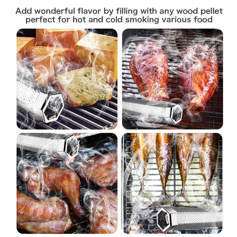 [Australia - AusPower] - Pellet Smoker Tube - 12'' Smoke Tube for Pellet Smoker Grill, Stainless Steel Pellet Tube for Smoking Portable Barbecue Cold Smoke Generator Works with Electric Gas Charcoal Grilling, Bonus Brush Hexagon Tube+2Hooks 