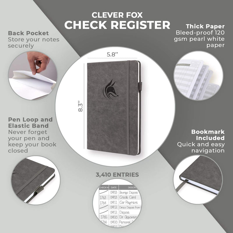 [Australia - AusPower] - Clever Fox Check Register – Deluxe Checkbook Log with Check & Transaction Registers, Bank Account Register Booklets for Personal and Work Use, A5 Hardcover - Grey A5 (5.8'' x 8.3'') 