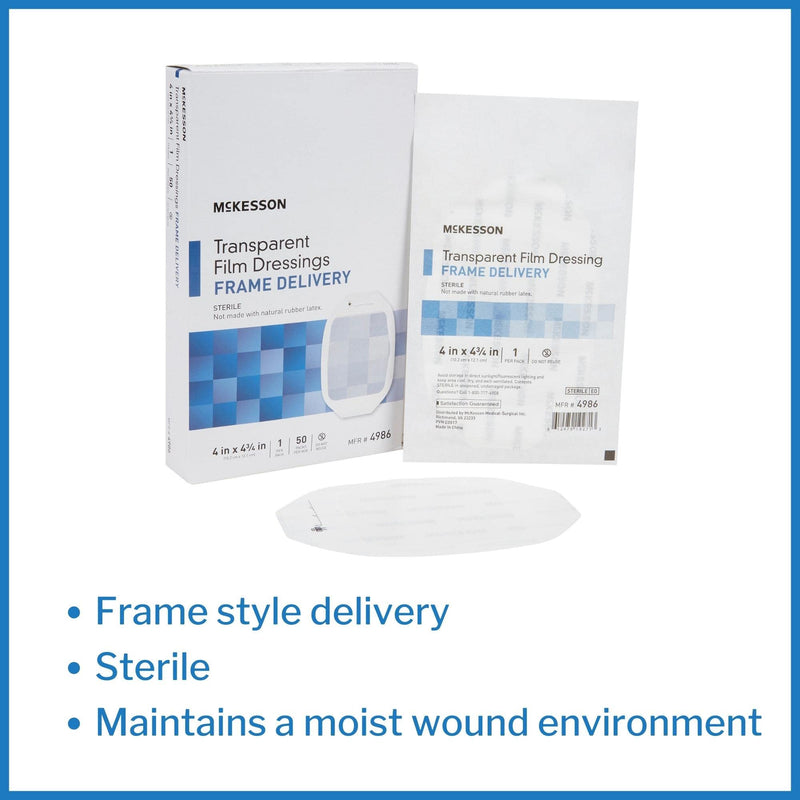 [Australia - AusPower] - McKesson Transparent Film Dressing, Sterile, Frame Delivery, 4 in x 4 3/4 in, 50 Count, 1 Pack 