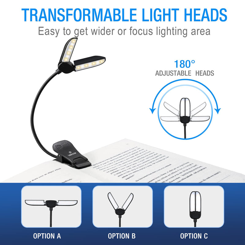 [Australia - AusPower] - Vekkia 14 LED Rechargeable Book-Light for Reading at Night in Bed, Warm/White Reading Light with Clamp, 180° Adjustable Mini Clip on Light, Lightweight Eye Care Book Light Perfect for Readers & Kids 