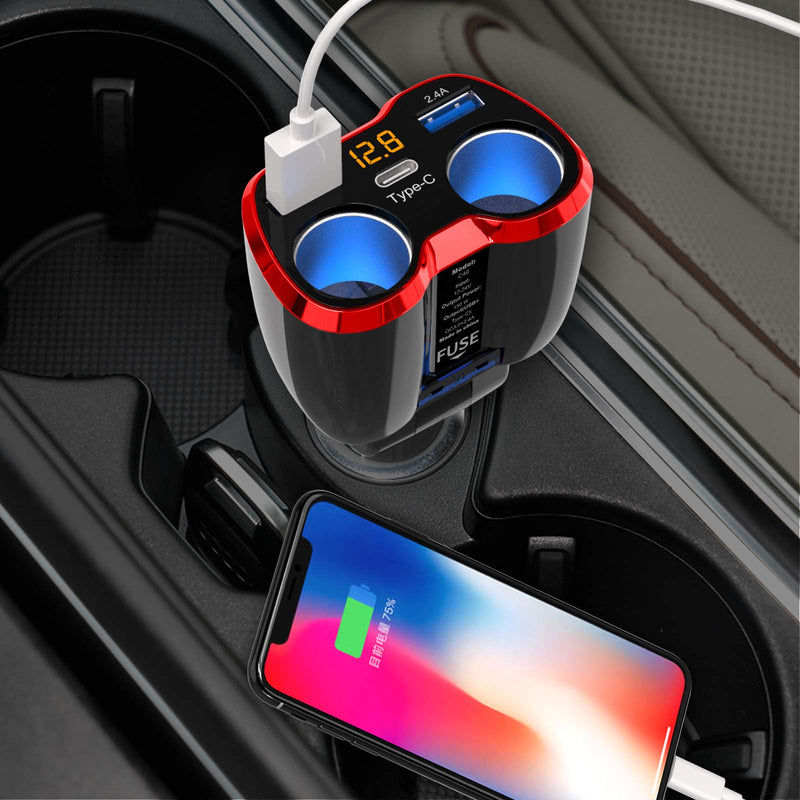 [Australia - AusPower] - Cigarette Lighter Splitter QC 3.0, 2-Socket USB C Car Charger Adapter Type C Multi Power Outlet 12V/24V 80W DC with LED Voltmeter Switch Dual USB Port for iPhone GPS Dashcam iPad Android Samsung 